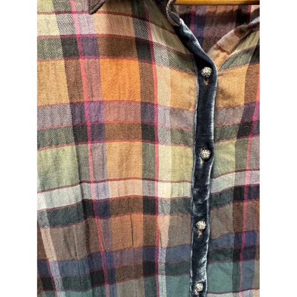 Soft Surroundings Plaid Gauzy Shirt Dress Velvet Trim Cinch Back Multi Color M - Picture 3 of 5